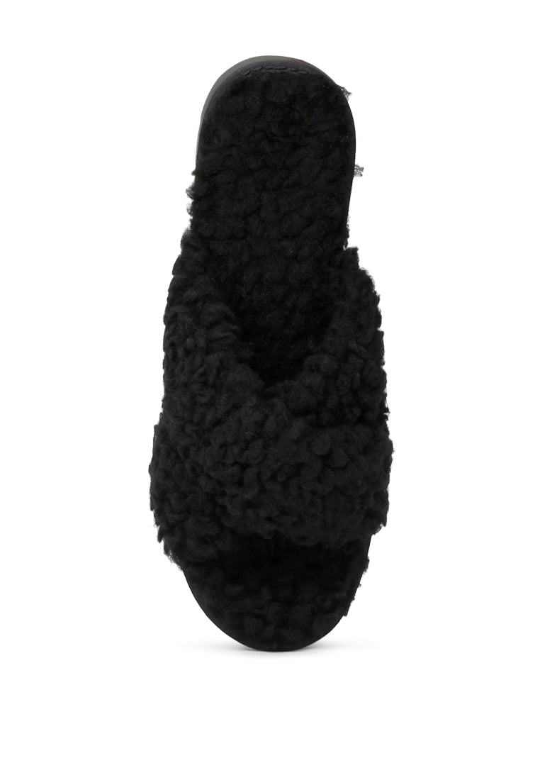 Black Fur CrossStrap Flatforms - Black