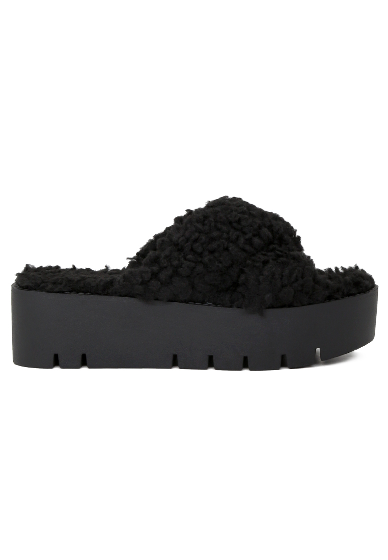 Black Fur CrossStrap Flatforms - Black