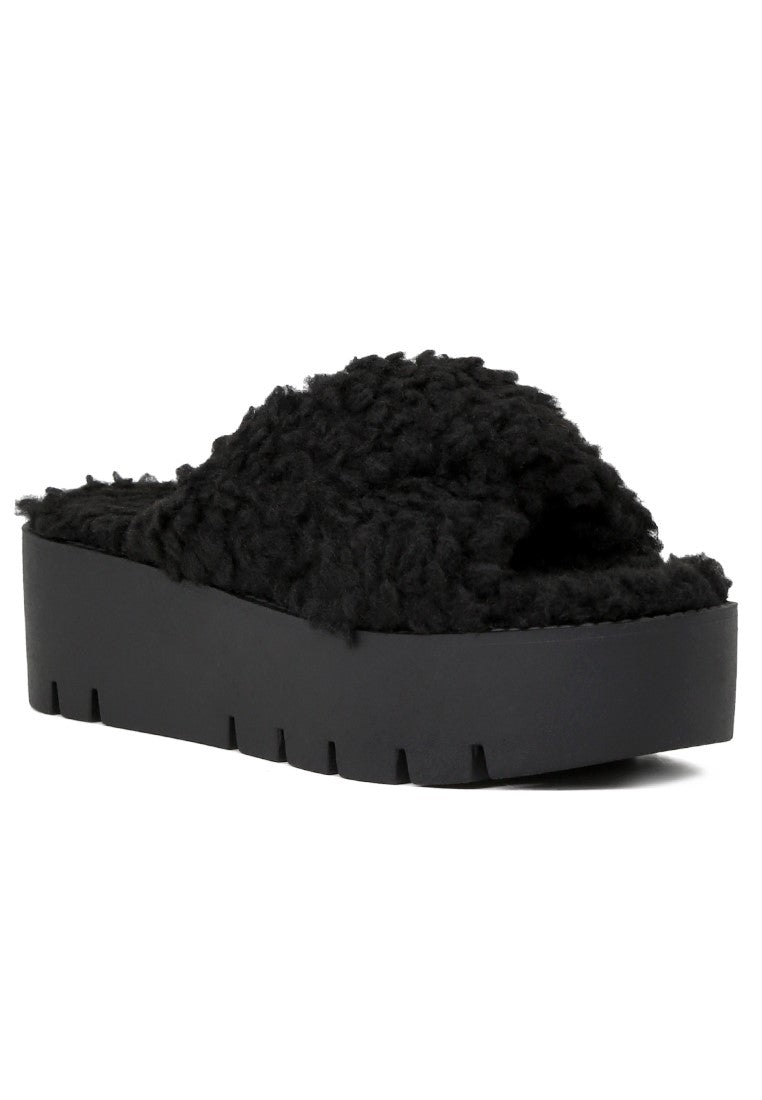 Black Fur CrossStrap Flatforms