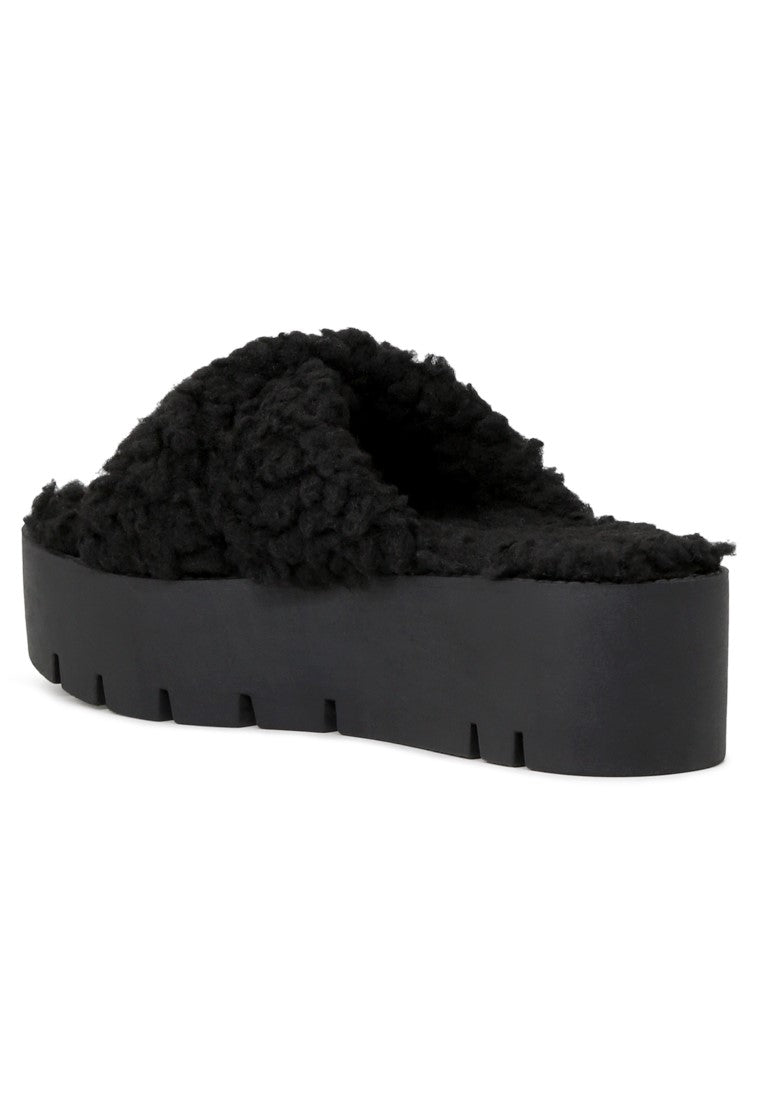 Black Fur CrossStrap Flatforms - Black