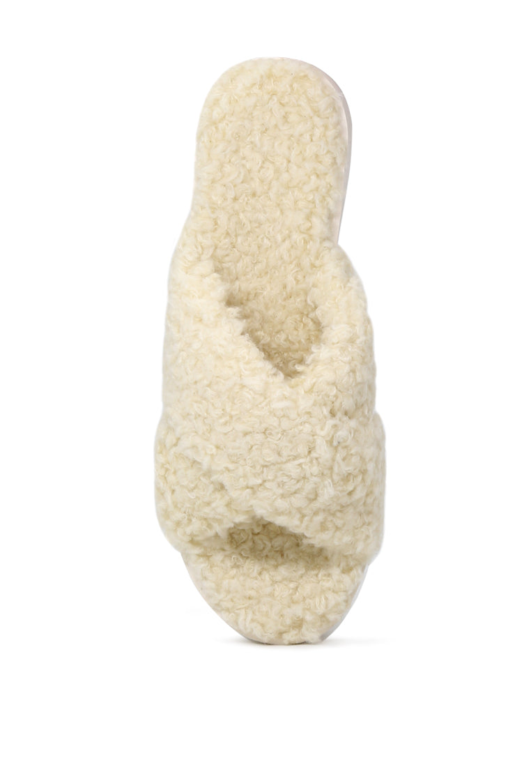 Natural Color Fur CrossStrap Flatforms - White