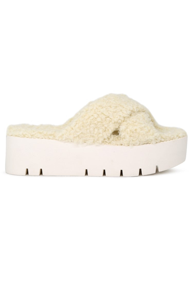 Natural Color Fur CrossStrap Flatforms - White