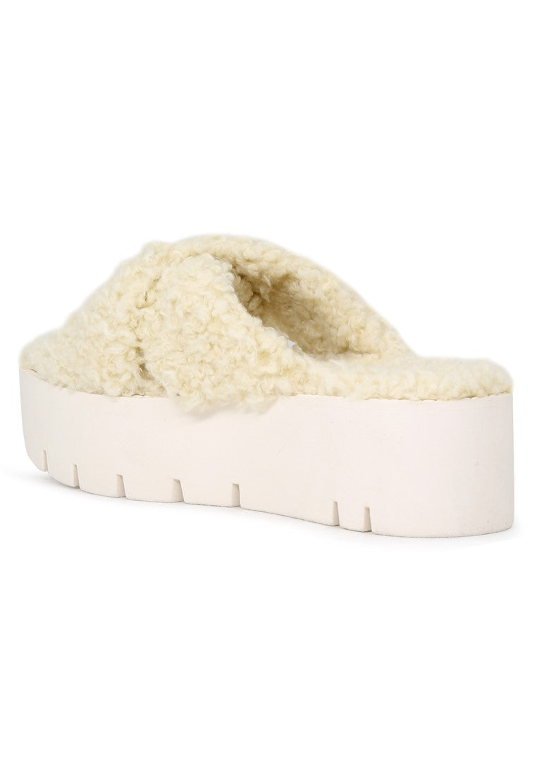 Natural Color Fur CrossStrap Flatforms - White