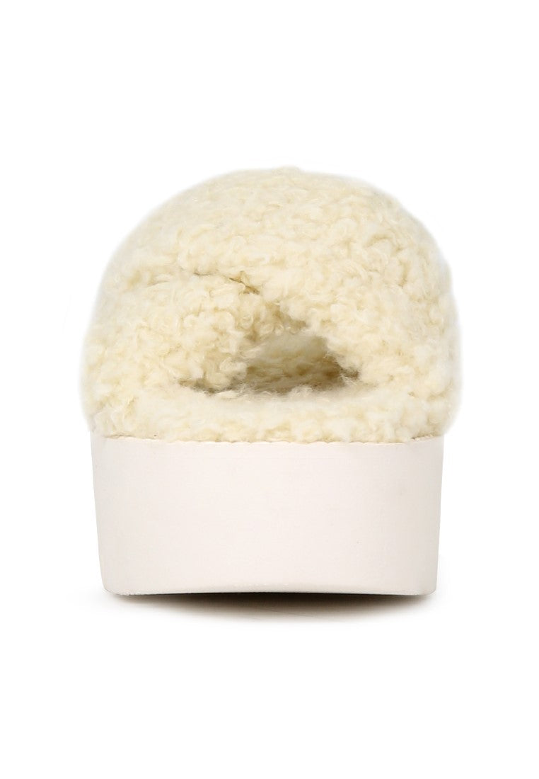 Natural Color Fur CrossStrap Flatforms - White