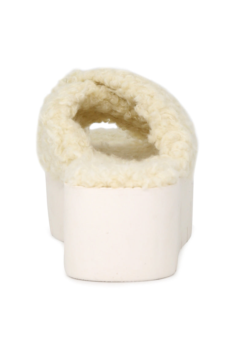 Natural Color Fur CrossStrap Flatforms - White