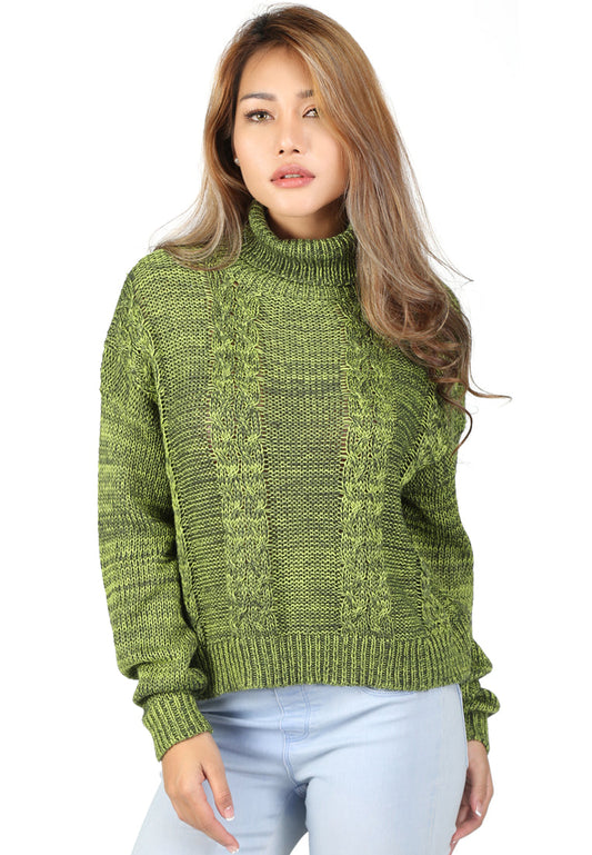 Green Cable Knit Turtle Neck Sweatshirt - Green
