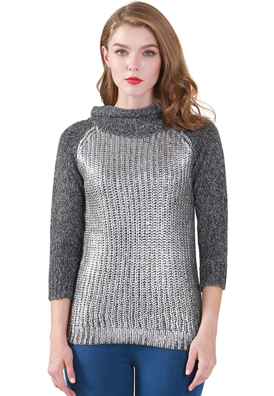 Silver Metallic Print Wide Turtle Neck Knit Sweater - Grey