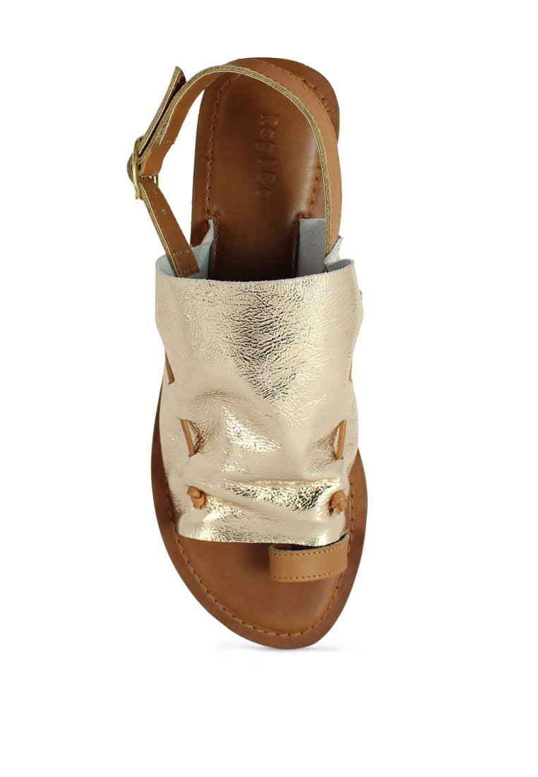 Metallic Golden Suede Leather Back Strap Fran Flat Sandal - Gold