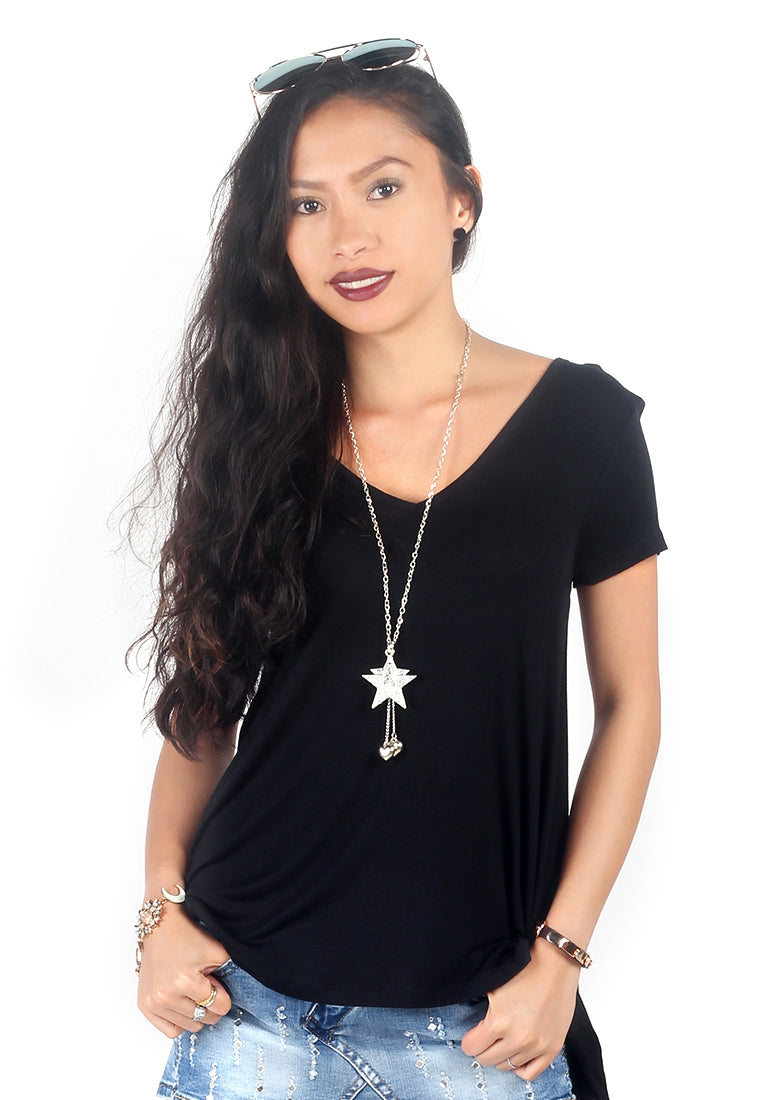 Black V Neck Rib Asymmetrical Top
