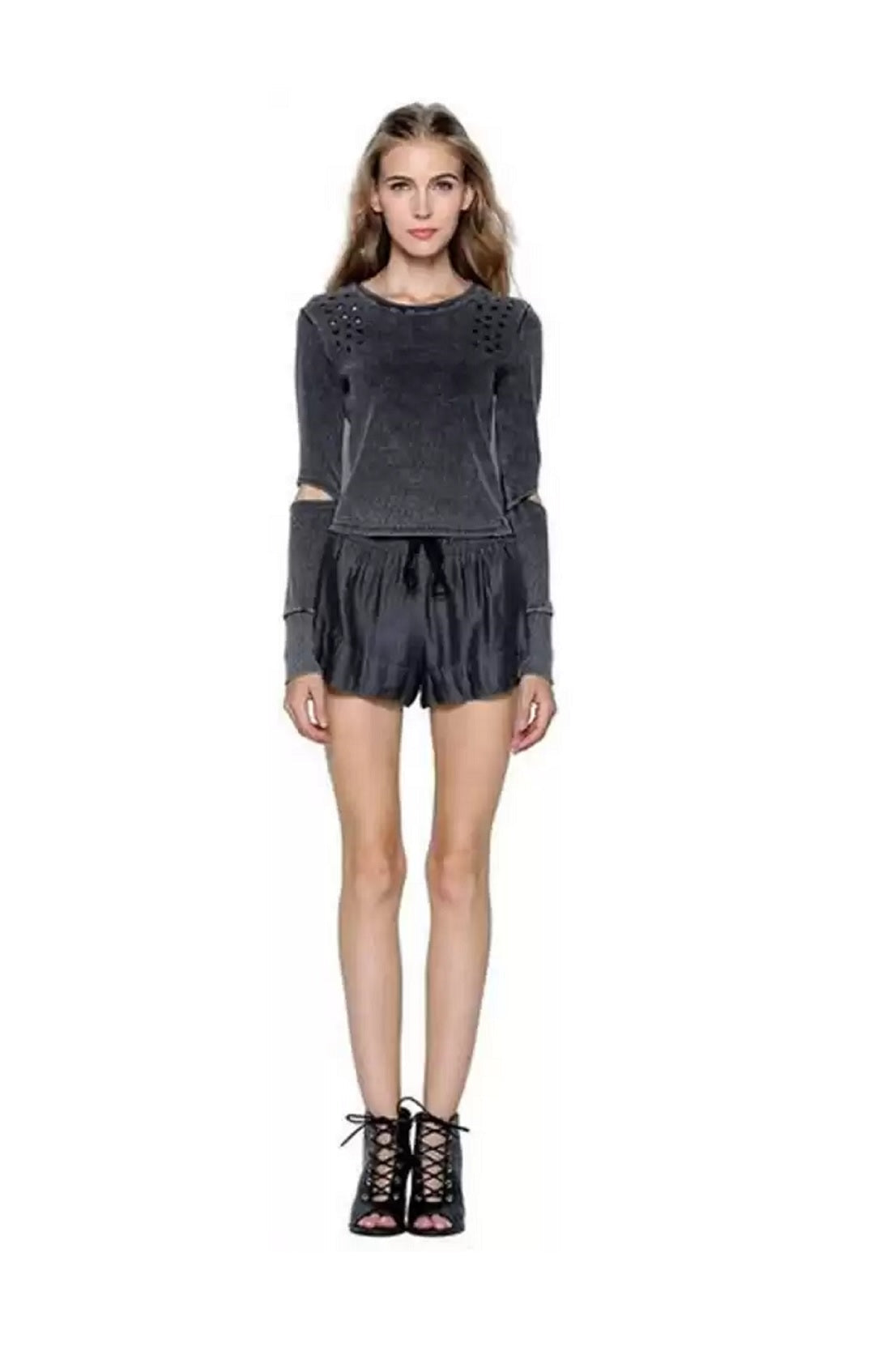 Casual Full Sleeve Solid Grey Top - Grey