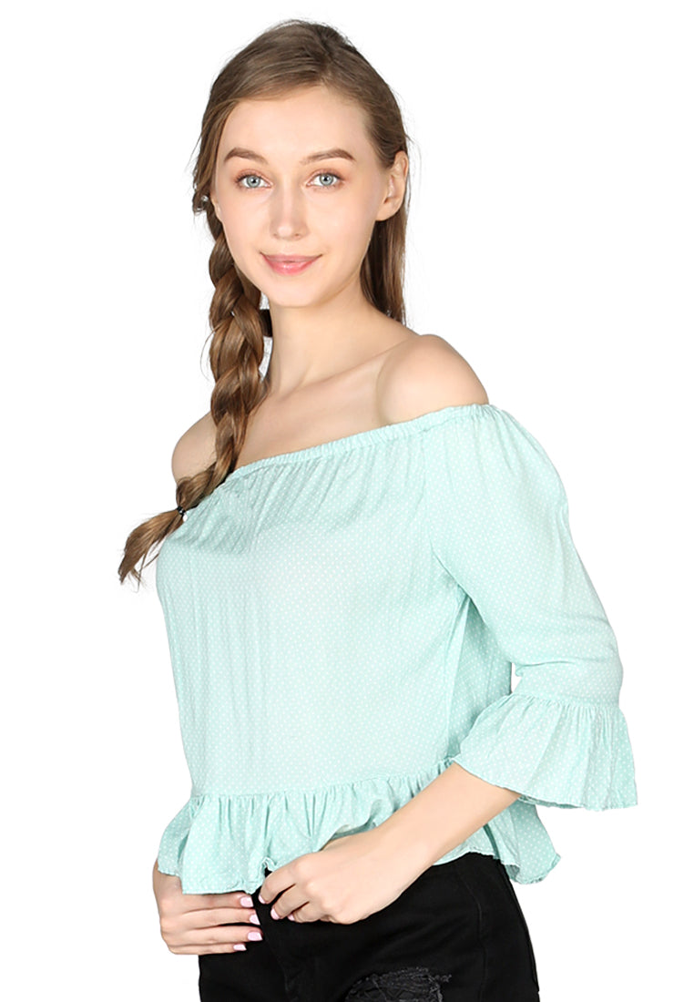Mint Polka Dot Off Shoulder Top - Mint Green
