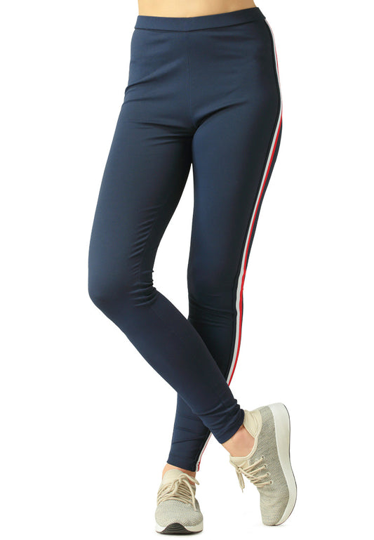 Navy Blue Striped Tape Side Leggings - Navy