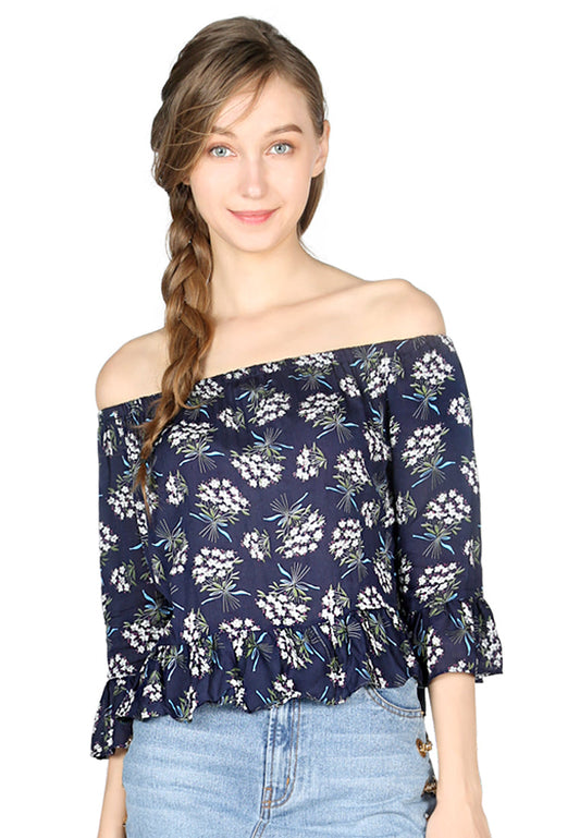 Navy Floral Print Off Shoulder Top - Navy