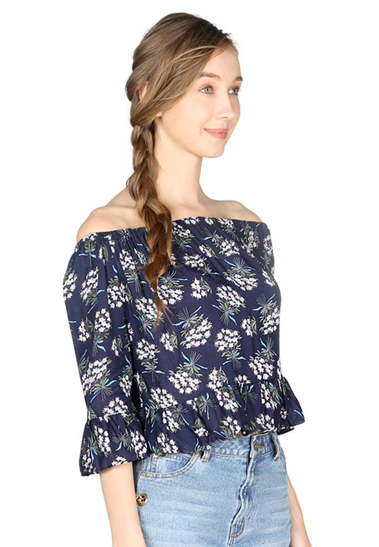 Navy Floral Print Off Shoulder Top - Navy