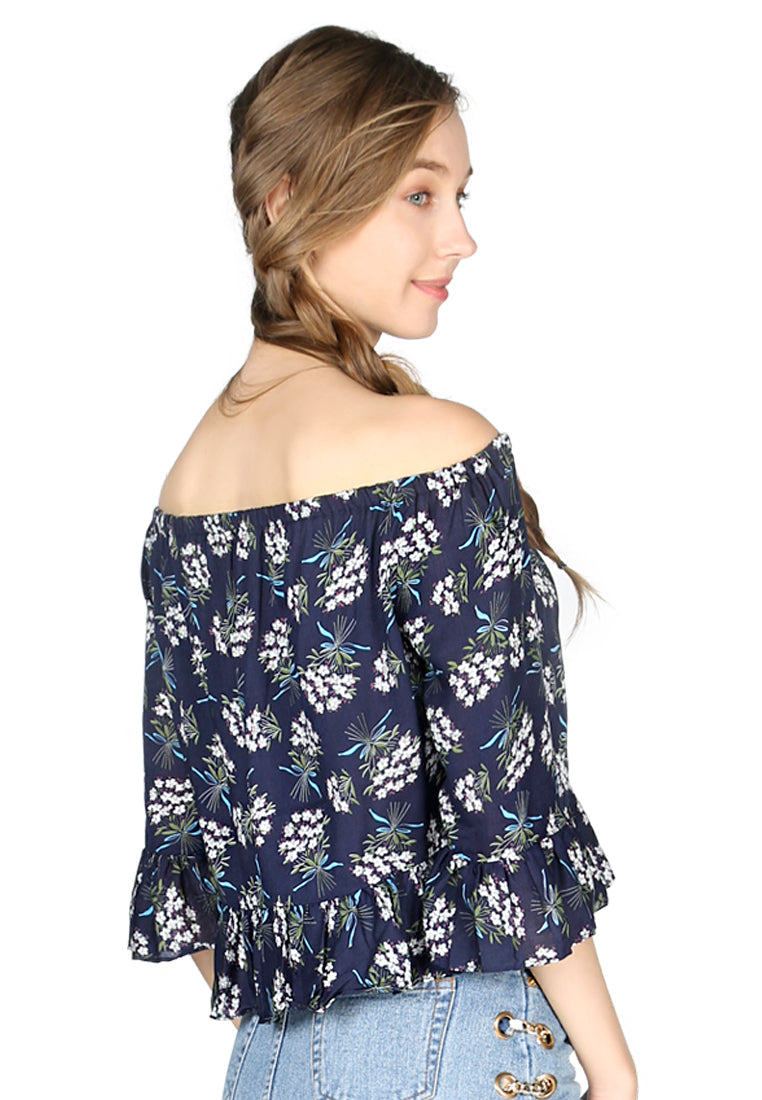 Navy Floral Print Off Shoulder Top - Navy