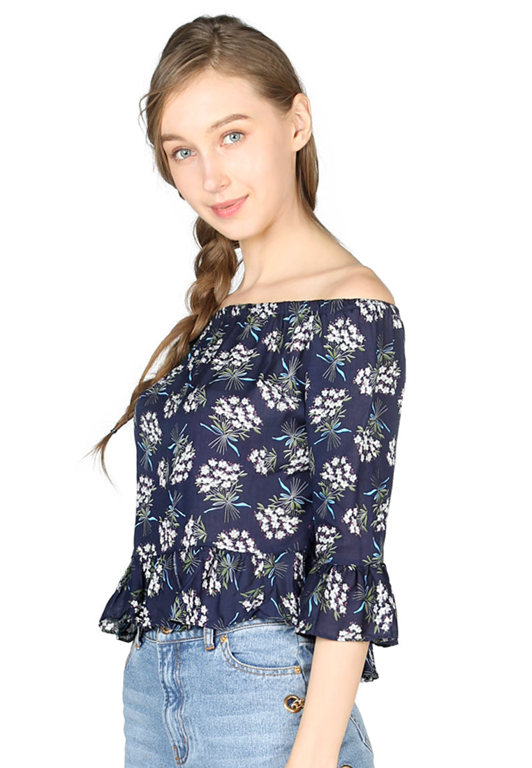 Navy Floral Print Off Shoulder Top - Navy