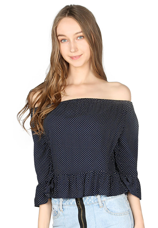 Navy Polka Dot Off Shoulder Top - Navy