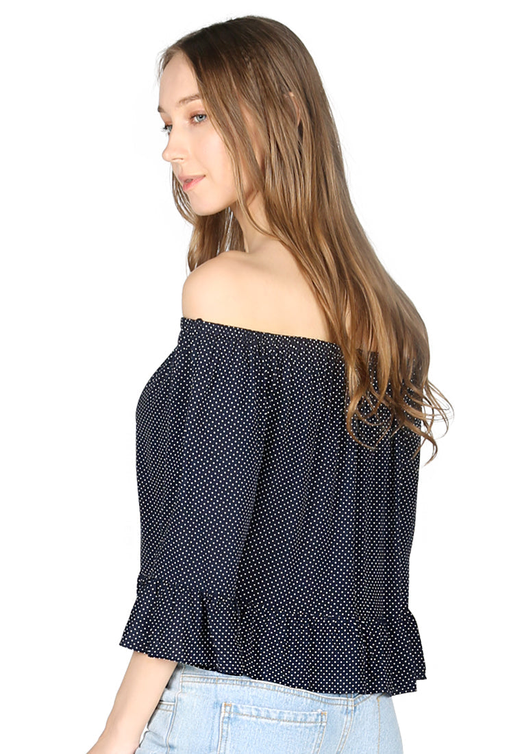 Navy Polka Dot Off Shoulder Top - Navy