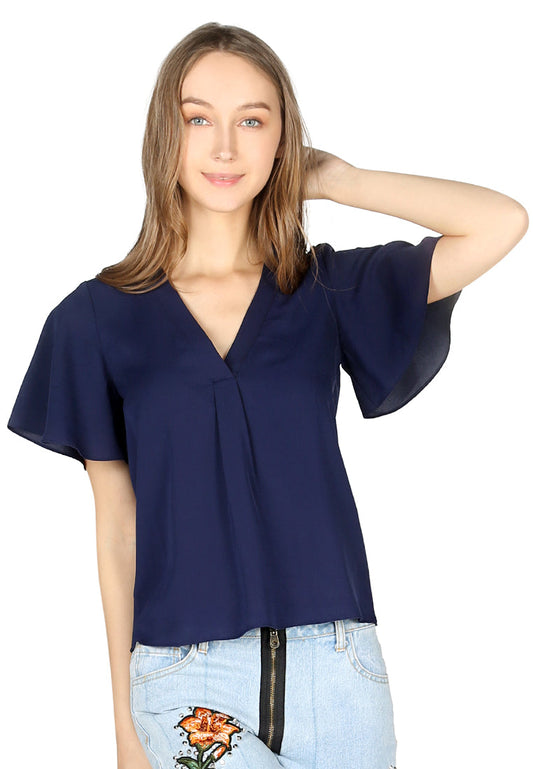 Navy Short Bell Sleeve V Neck Casual Top - Navy