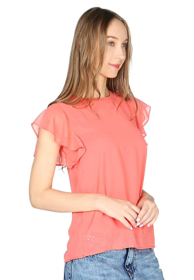 Short Flutter Sleeve Casual Top - Coral