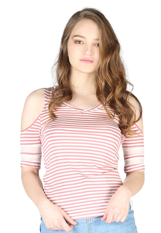 Mariah Stripe Pink Cold Shoulder Top