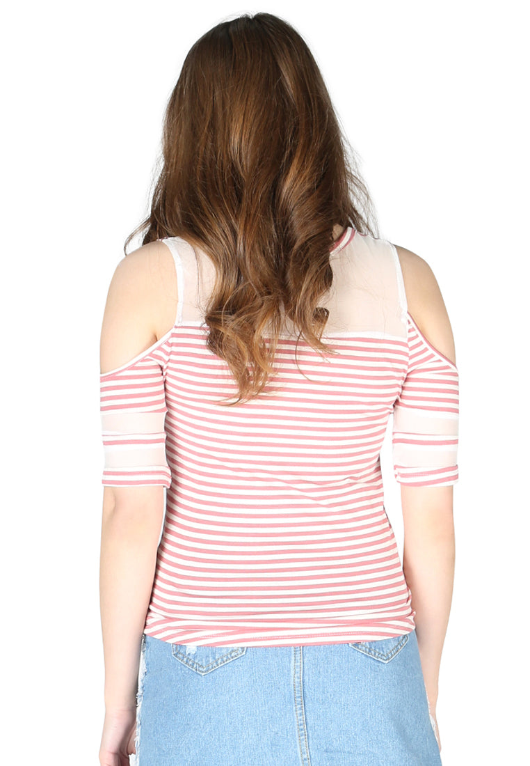 Mariah Stripe Pink Cold Shoulder Top