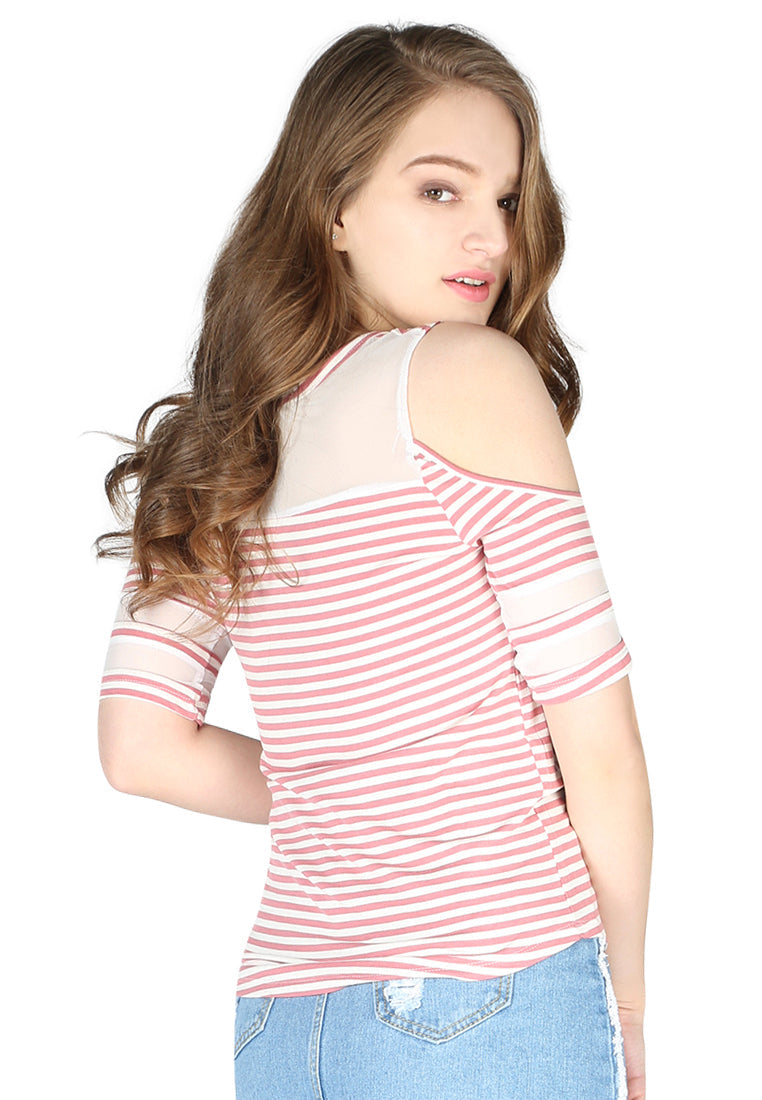 Mariah Stripe Pink Cold Shoulder Top