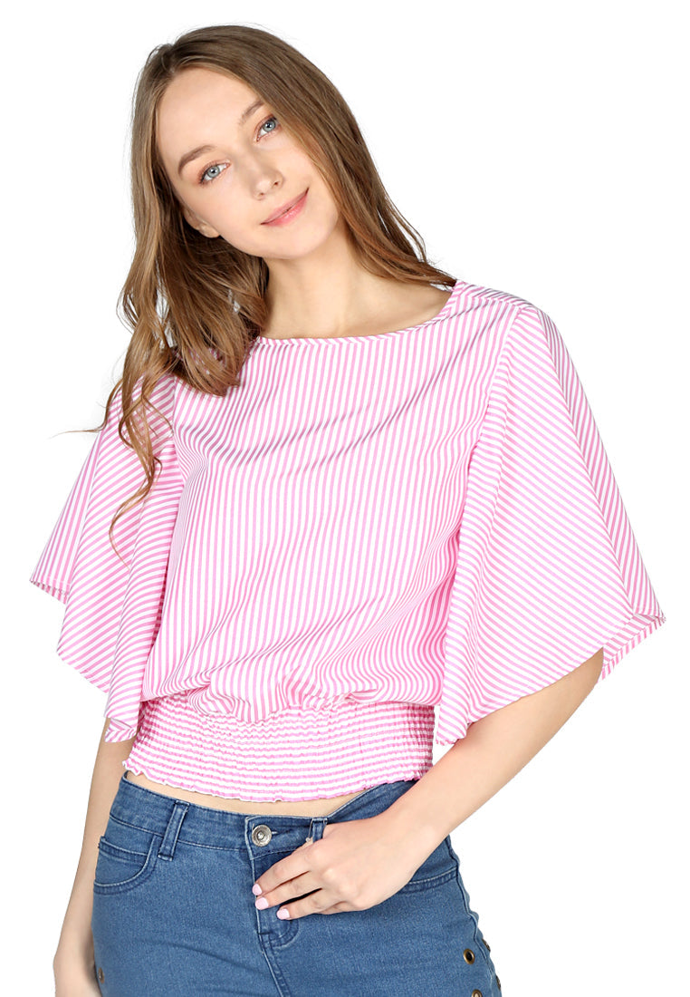 Pink Stripe High Neck Batwing Top