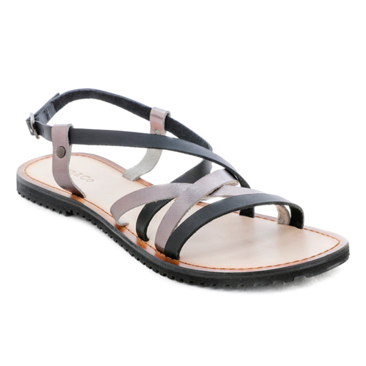 JUNE Black Strappy Flat Leather Sandals - Black