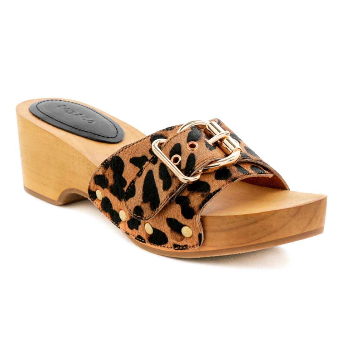 Studded Leather Wooden Clogs in Brown
