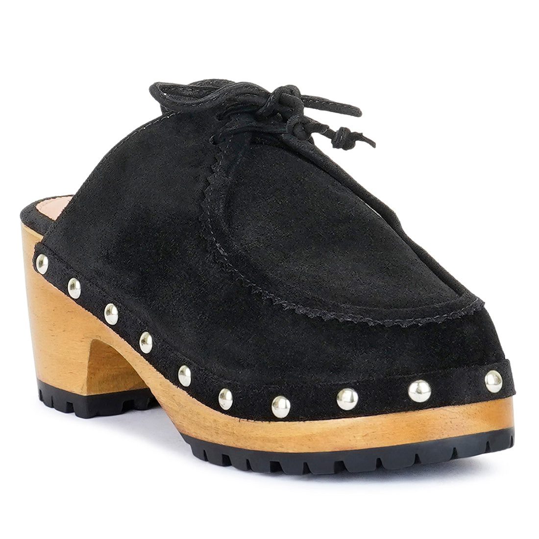 IROKO Black Suede Tie Detail Stud Clogs