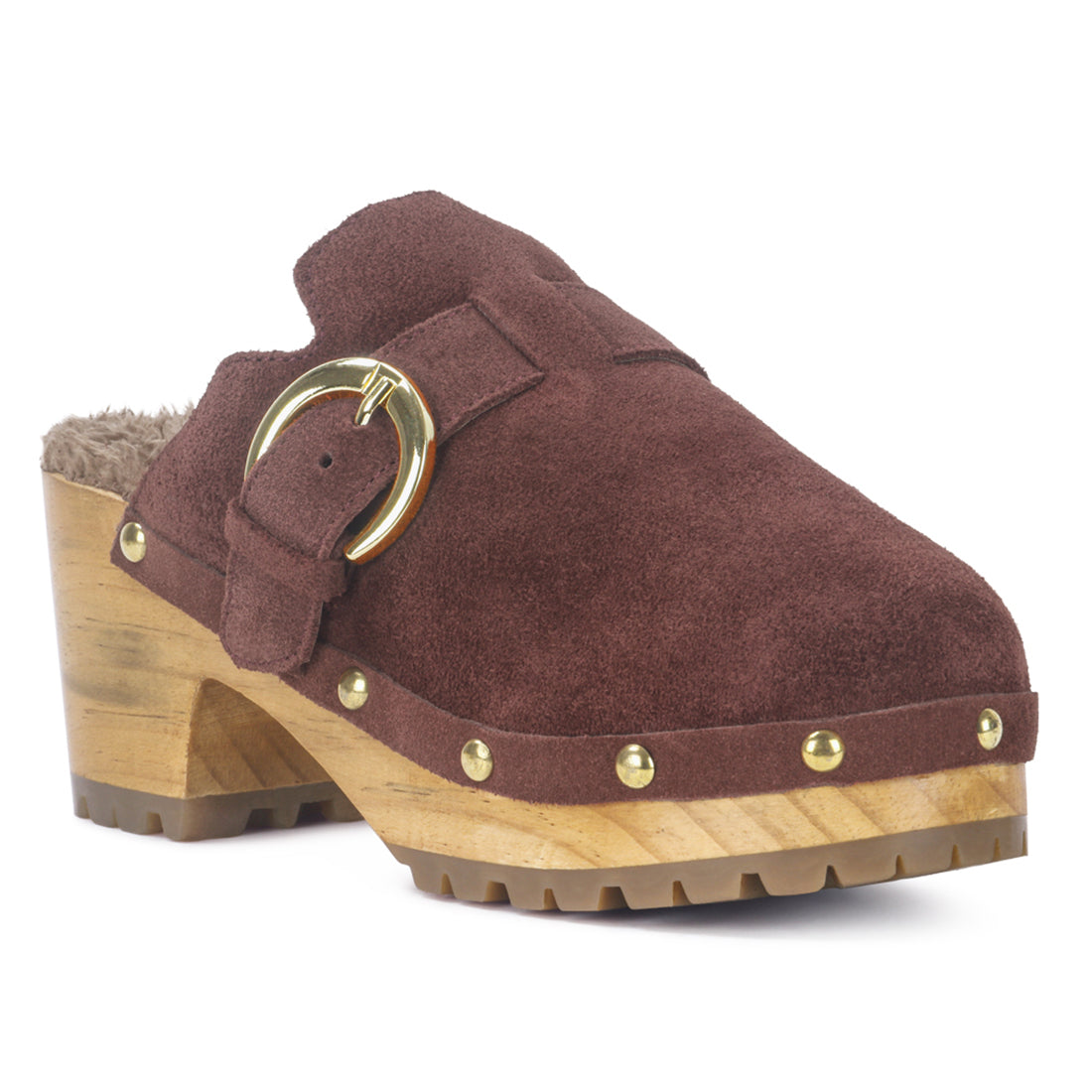 PRUNUS Brown Buckled Suede Round Toe Mule Clogs