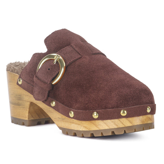 PRUNUS Brown Buckled Suede Round Toe Mule Clogs