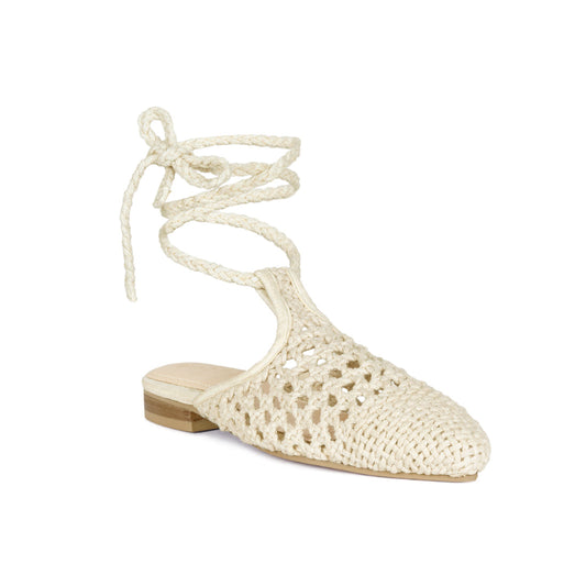 Off White Handwoven Cotton Tie Up Mule Flats