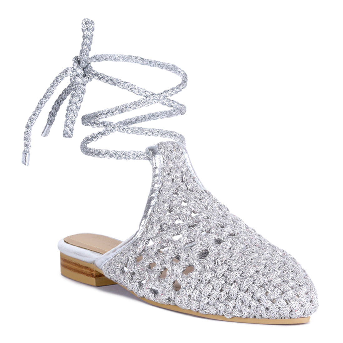 Silver Handwoven Cotton Tie Up Mule Flats