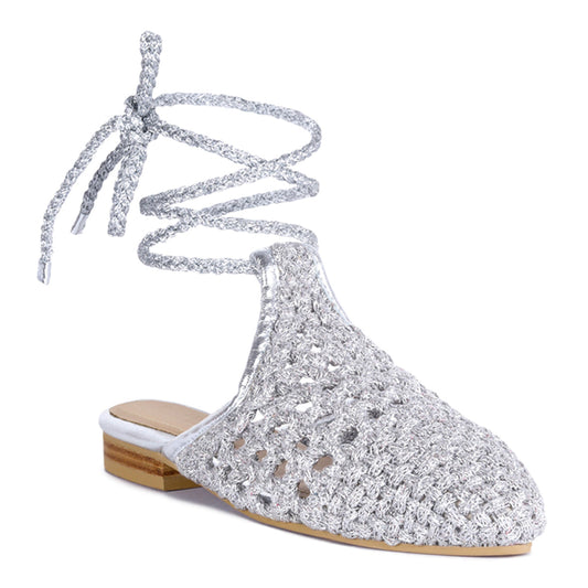 Silver Handwoven Cotton Tie Up Mule Flats