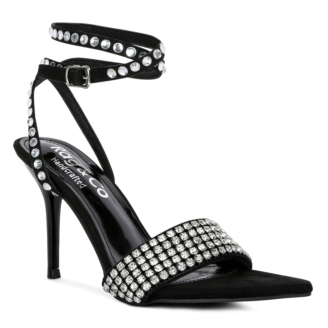 Black High Heeled Diamante Sandals