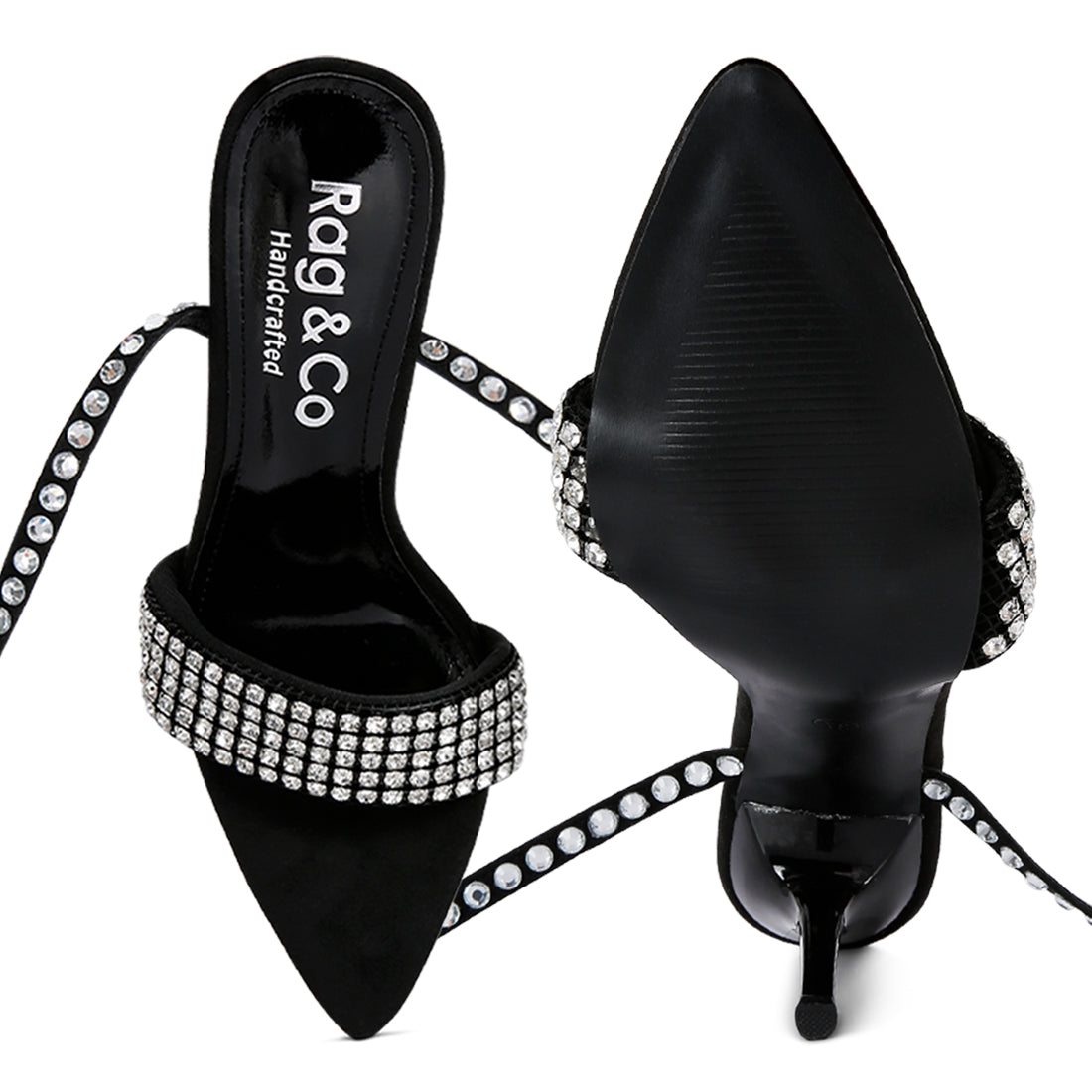 Black High Heeled Diamante Sandals