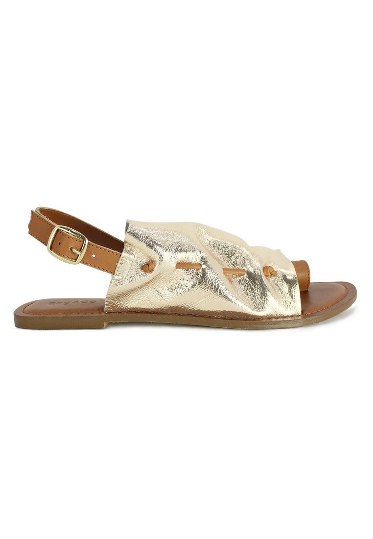 Metallic Golden Suede Leather Back Strap Fran Flat Sandal - Gold