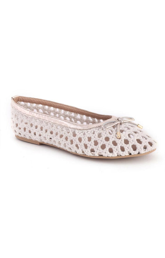 Off White Cotton Mesh Brionna Flat Ballerinas - White