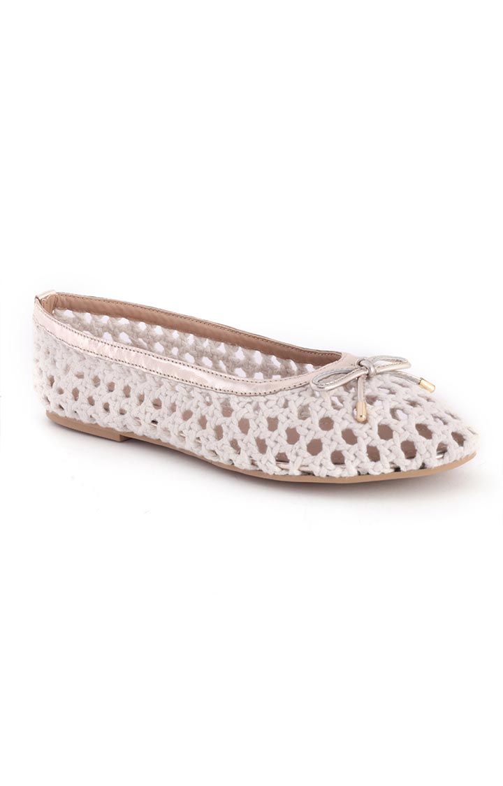 Off White Cotton Mesh Brionna Flat Ballerinas