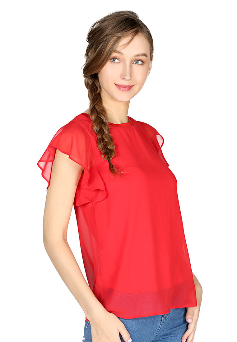 Red Short Flutter Sleeve Casual Top - Red