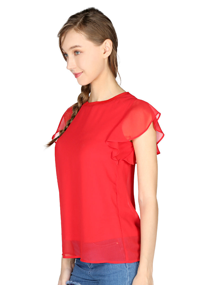 Red Short Flutter Sleeve Casual Top - Red