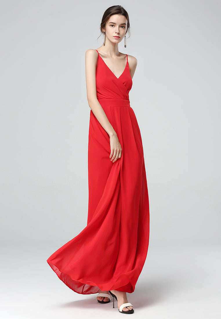 Red Spaghetti Chiffon Gown Dress - Red