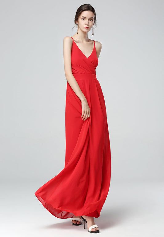 Red Spaghetti Chiffon Gown Dress - Red