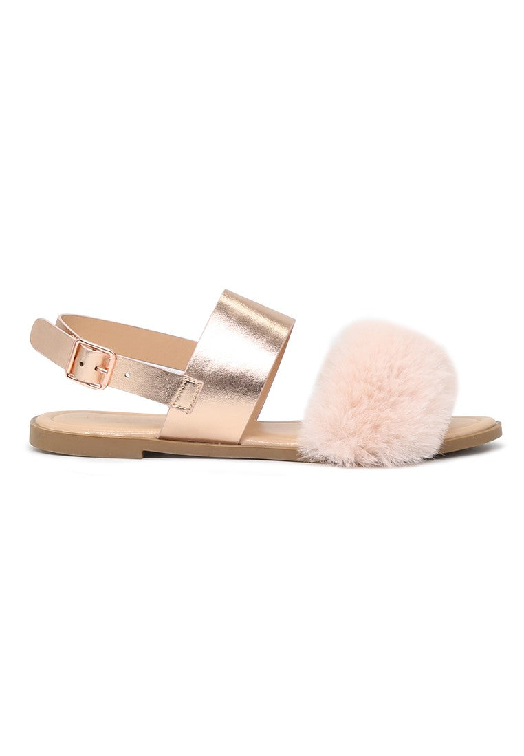 Rose Gold Fur Double Strap Slingback Flat Sandals - Rose Gold