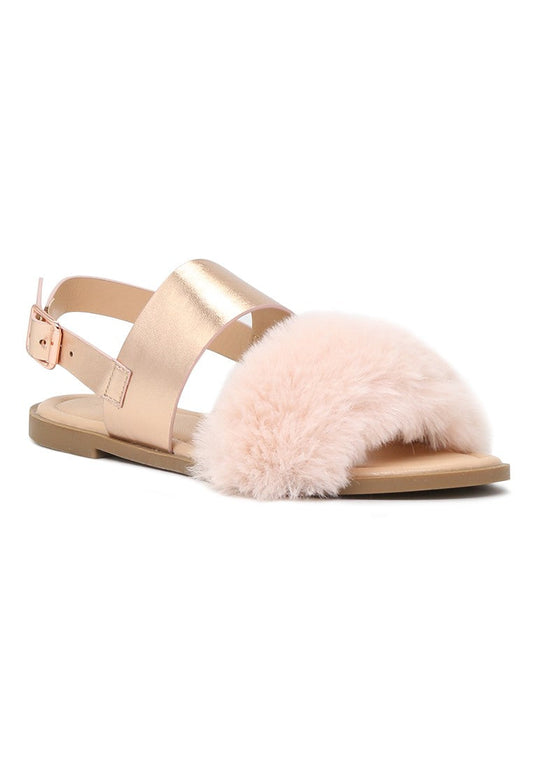 Rose Gold Fur Double Strap Slingback Flat Sandals - Rose Gold