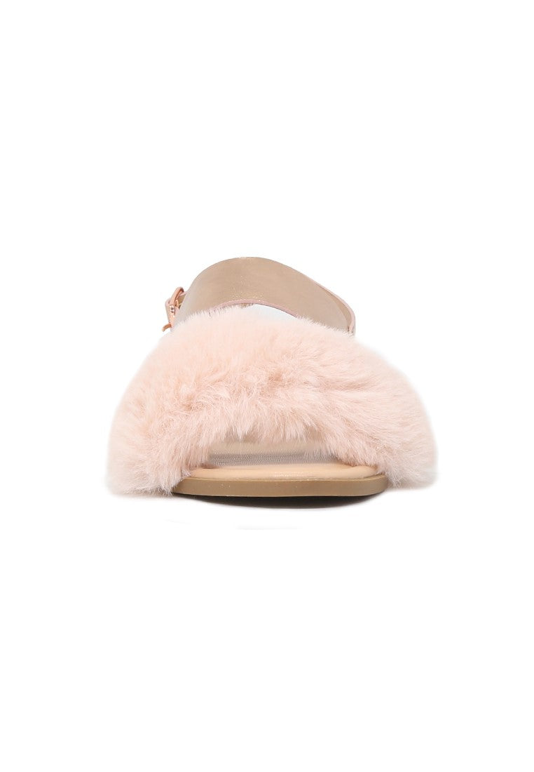Rose Gold Fur Double Strap Slingback Flat Sandals - Rose Gold