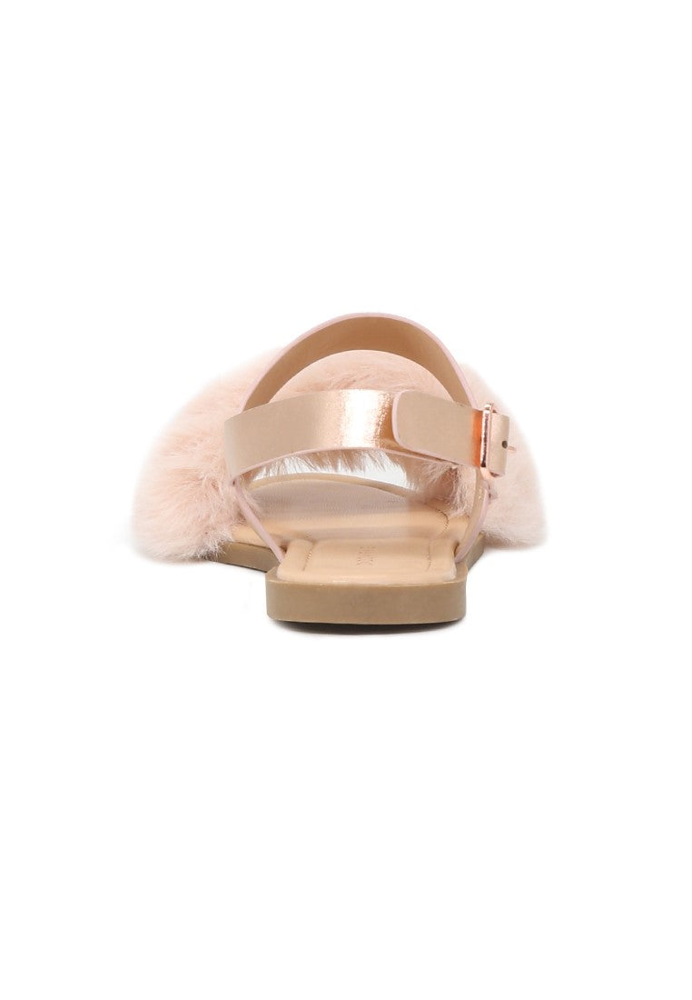 Rose Gold Fur Double Strap Slingback Flat Sandals - Rose Gold