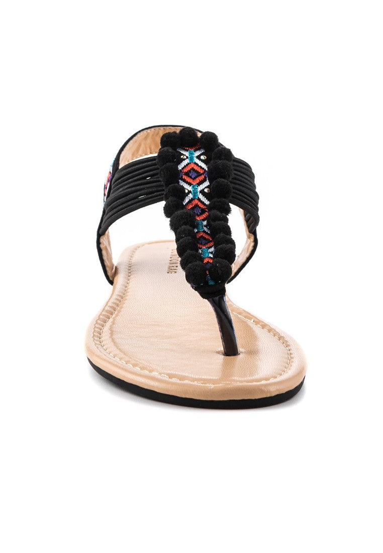 Black Flat Pom-Pom Detail Sandal - Black